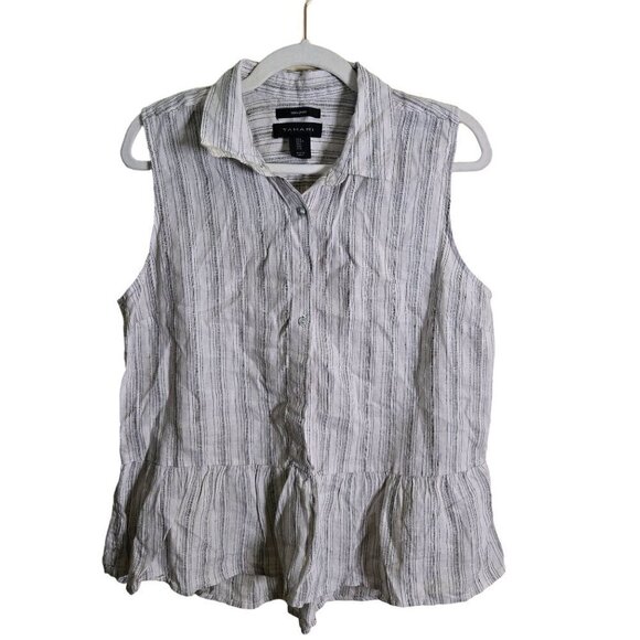 Tahari 100% Linen Striped Peplum Sleeveless Tank Blouse Size L - Picture 1 of 5